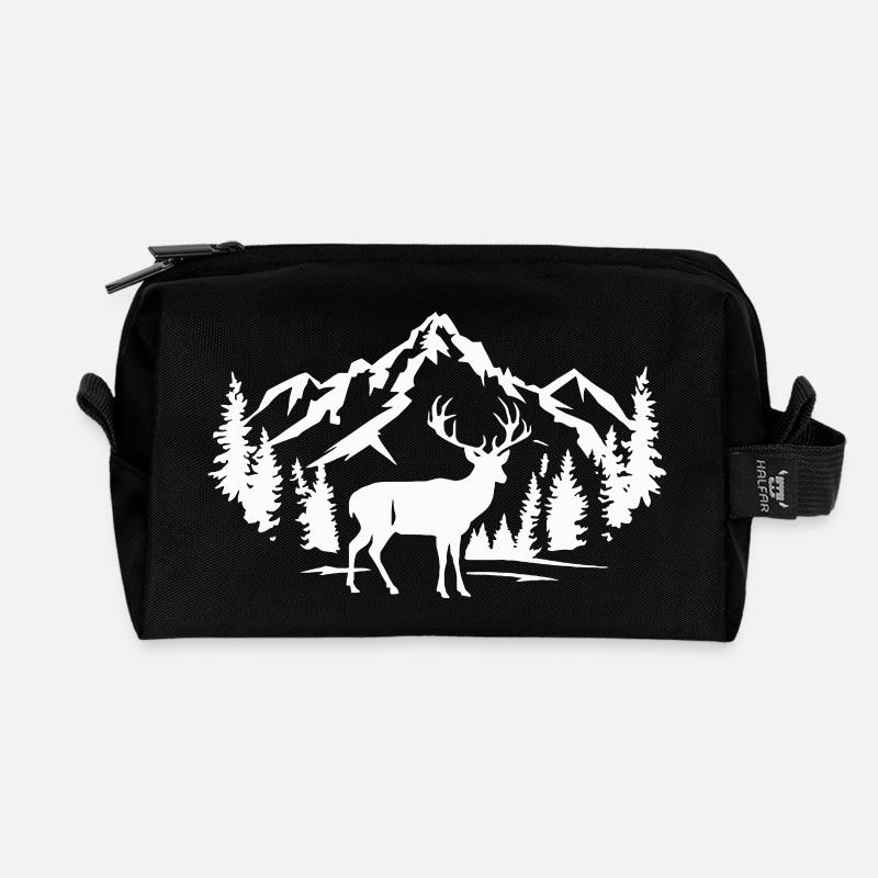 Majestätischer Hirsch mit Berg- und Waldszene - Recycelte Kulturtasche - Schwarz