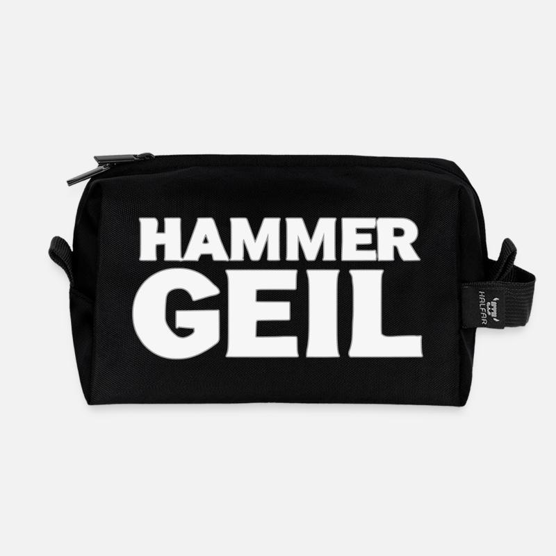 HAMMER GEIL – Handgezeichnetes Werkstatt-Design  - Recycelte Kulturtasche - Schwarz