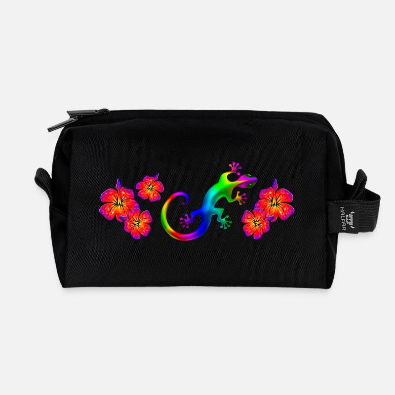 Gecko, hibiscus, rainbow, summer, surfing, lizard - Recycled Toiletry Zip Bag - black
