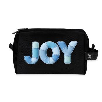 Blue Patchwork Joy Lettering - Recycled Toiletry Zip Bag - black - Front