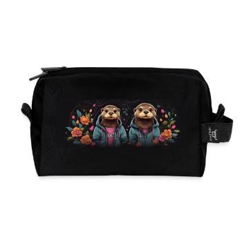Two friendly otters in leisure look - Recycled Toiletry Zip Bag - black - Front