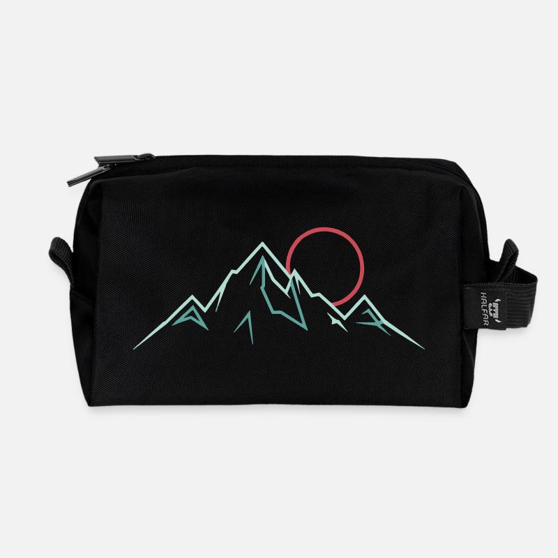 Minimalistische Bergkette mit aufgehender Sonne - Recycelte Kulturtasche - Schwarz