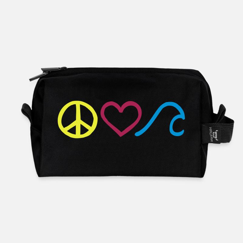 Peace • Love • Surf • Symbole horizontal - Recycelte Kulturtasche - Schwarz