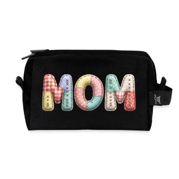 Mom Schriftzug Patchwork Stoff Look - Recycelte Kulturtasche - Schwarz - Vorne