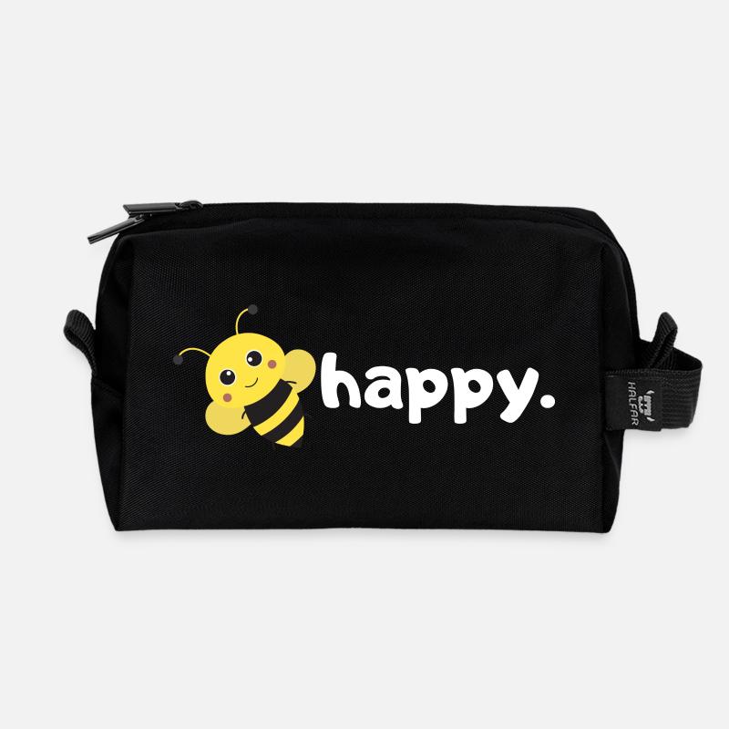Bee Happy. Be happy. |funny wordplay bee design| - Recycled Toiletry Zip Bag - black
