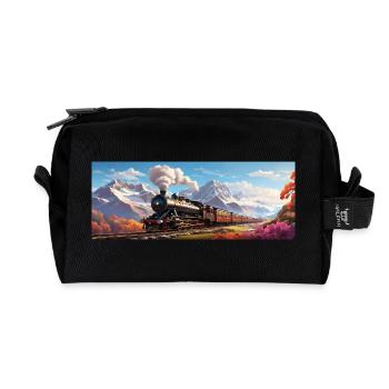 Nostalgic Railway Train with Steam Locomotive - Recycled Toiletry Zip Bag - black - Front