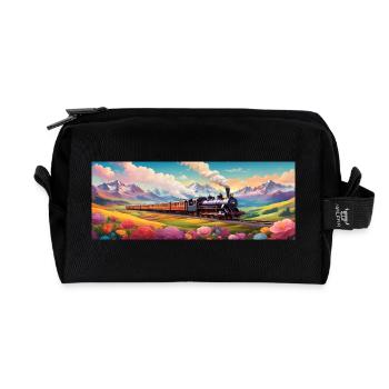 Nostalgic Railway Train with Steam Locomotive - Recycled Toiletry Zip Bag - black - Front