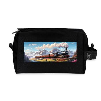 Nostalgic Railway Train with Steam Locomotive - Recycled Toiletry Zip Bag - black - Front