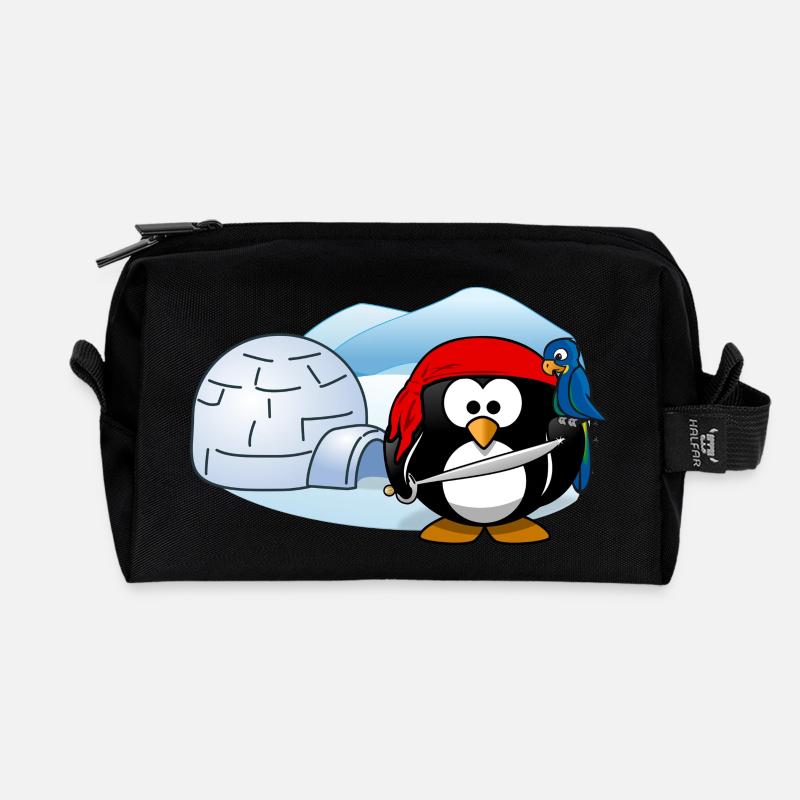 Pirate penguin with sword, parrot and igloo. - Recycled Toiletry Zip Bag - black