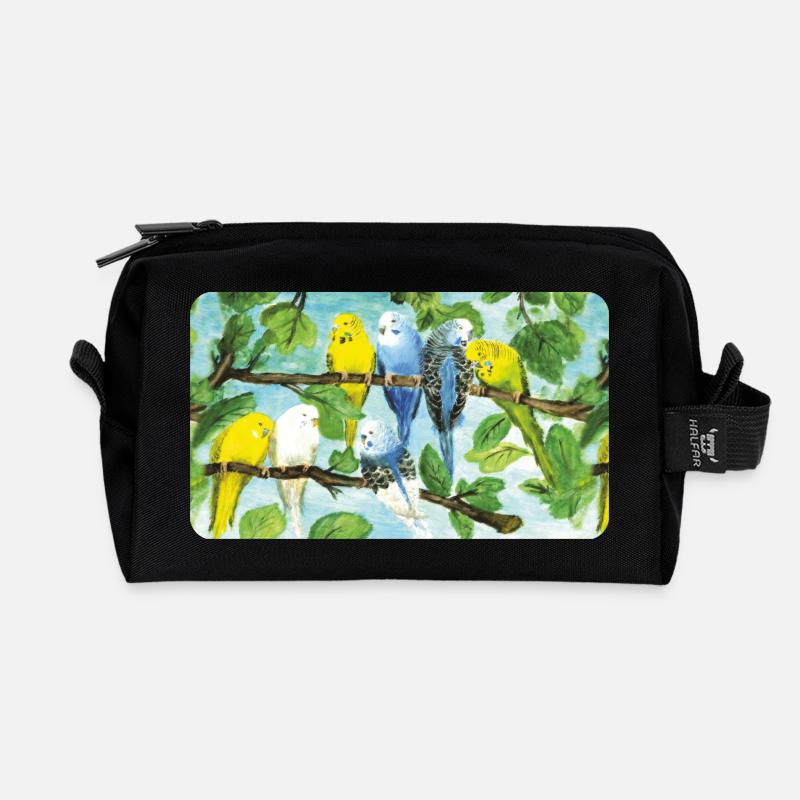 Wellensittiche auf einem Baum - Pastellkreide  - Recycelte Kulturtasche - Schwarz