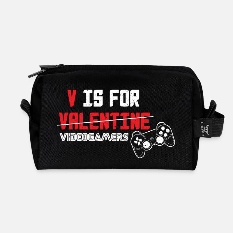V is for Valentine videogamers - Recycled Toiletry Zip Bag - black