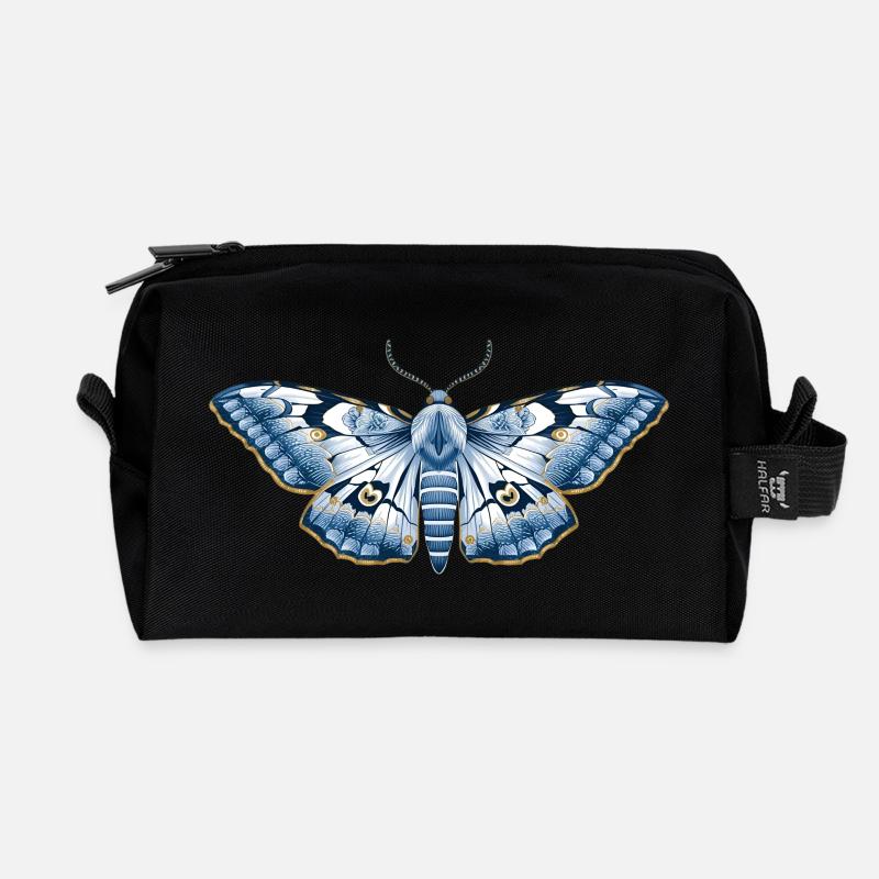 Mystic Midnight – Blaue Blumen Motte Kunst - Recycelte Kulturtasche - Schwarz