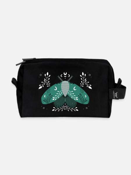 Green Moon Moth with Foliage - Recycled Toiletry Zip Bag - black