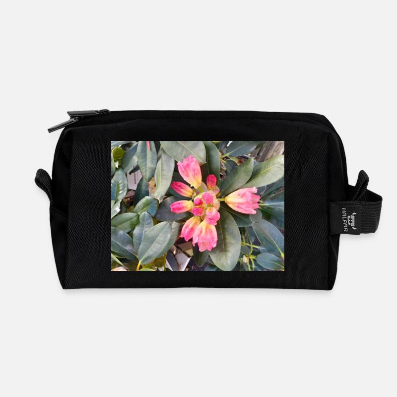 Fleurs roses orangées sur feuillage vert - Trousse de toilette en tissu recyclé - noir