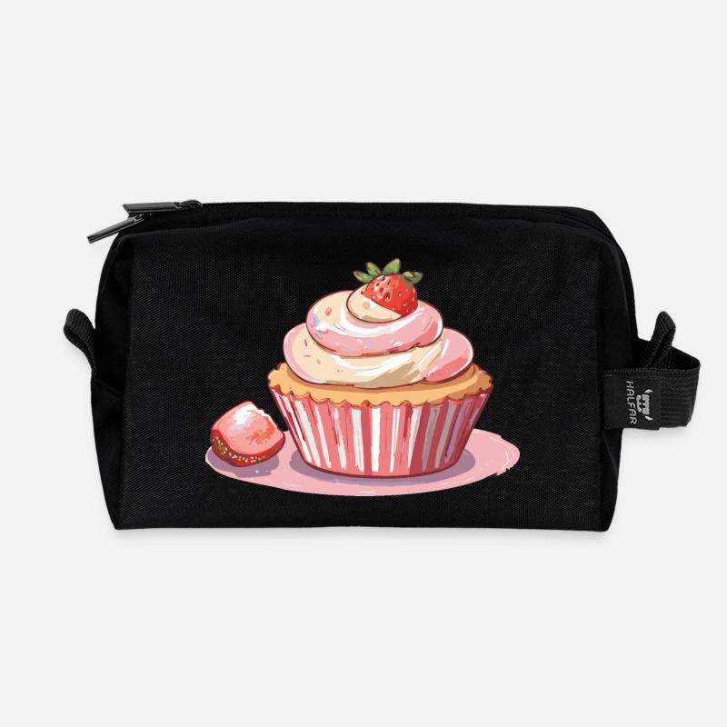 Cupcake Strawberry - Recycled Toiletry Zip Bag - black