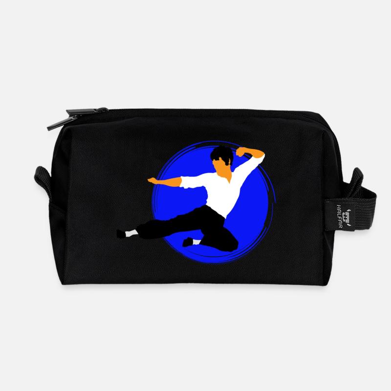 Karate Flying Kick in Blue Circle - Recycled Toiletry Zip Bag - black
