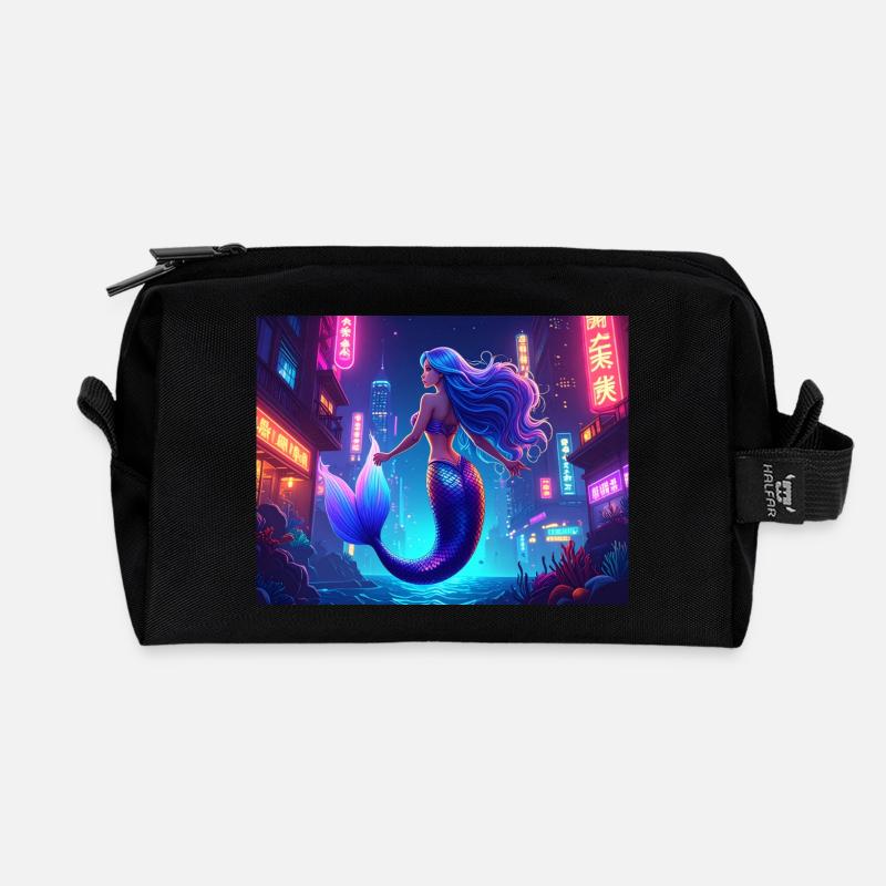Cyber Mermaid – Neon Ocean Queen - Recycelte Kulturtasche - Schwarz