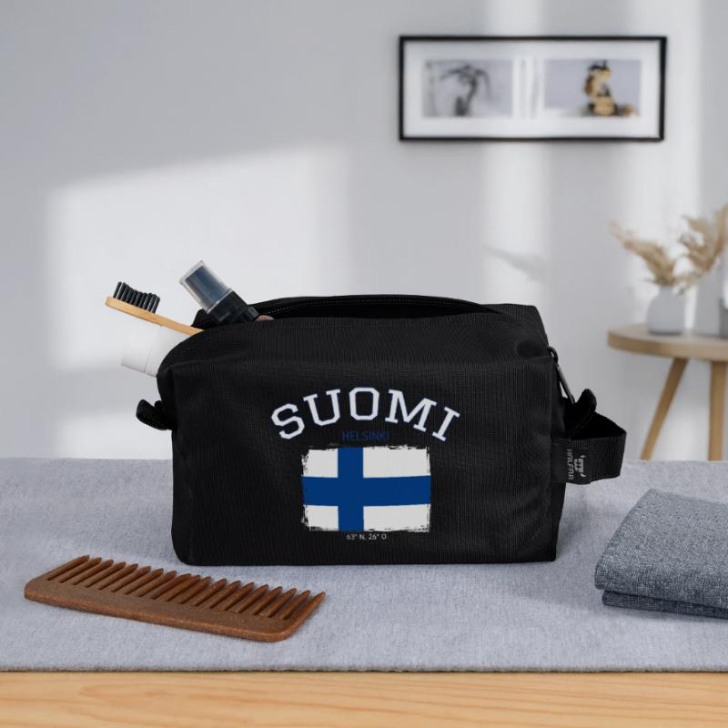 Drapeau de la Finlande avec référence à Helsinki Trousse de toilette en tissu recyclé