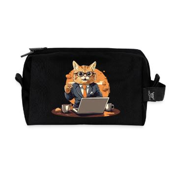 CEO cat in suit with laptop and coffee - Recycled Toiletry Zip Bag - black - Front