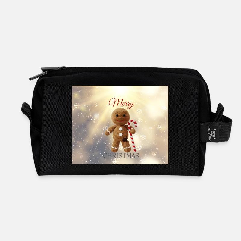Gingerbread Man with Candy Cane Christmas - Recycled Toiletry Zip Bag - black