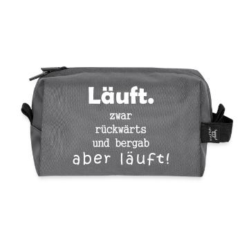 Läuft, zwar rückwärts und bergab, aber läuft! - Recycelte Kulturtasche - Anthrazit - Vorne