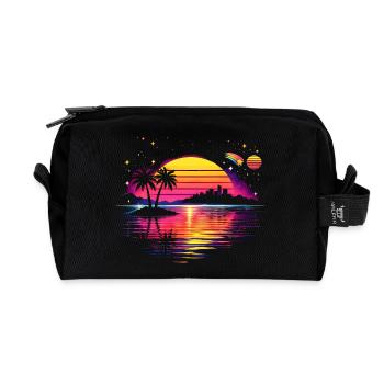 Retro sunset 80s illustration - Recycled Toiletry Zip Bag - black - Front