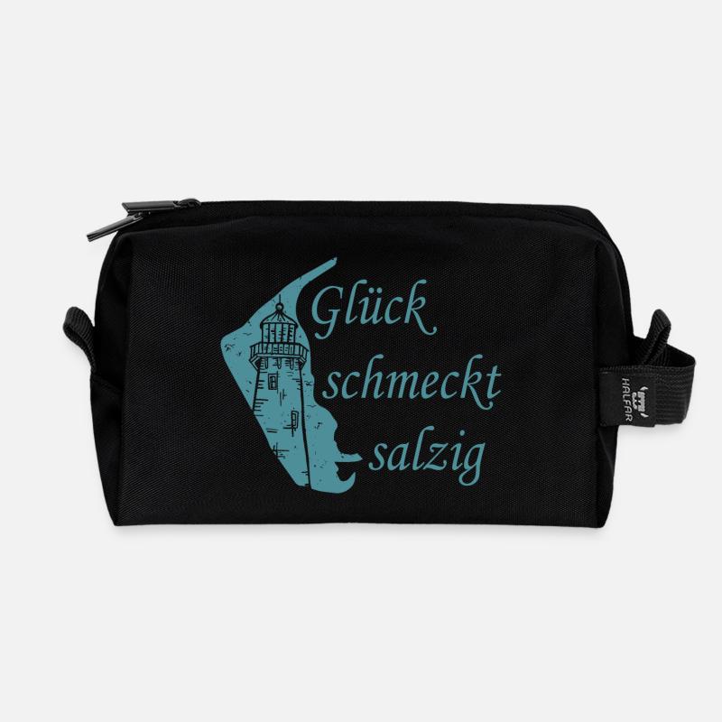 Glück schmeckt salzig – Amrum Nordsee Insel Design - Recycelte Kulturtasche - Schwarz