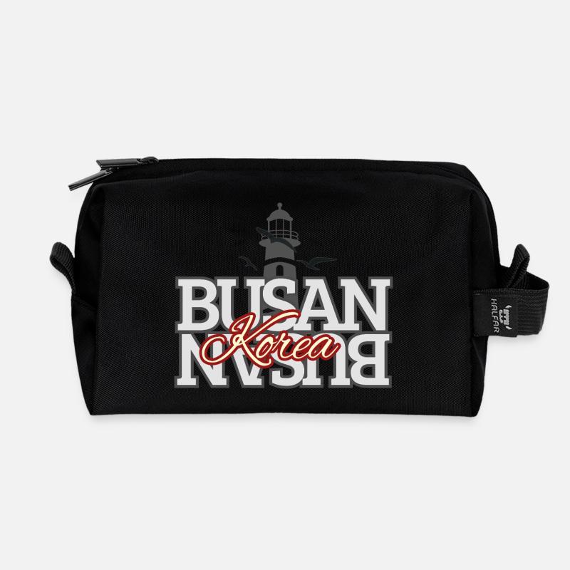Busan Korea Lighthouse Typography Design - Recycled Toiletry Zip Bag - black