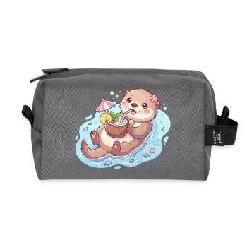 Cute Kawaii Otter Floating with Coconut Drink - Recycled Toiletry Zip Bag - anthracite - Front