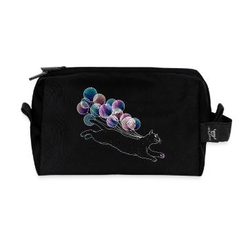 Floating Cat with Colorful Balloons Illustration - Recycled Toiletry Zip Bag - black - Front