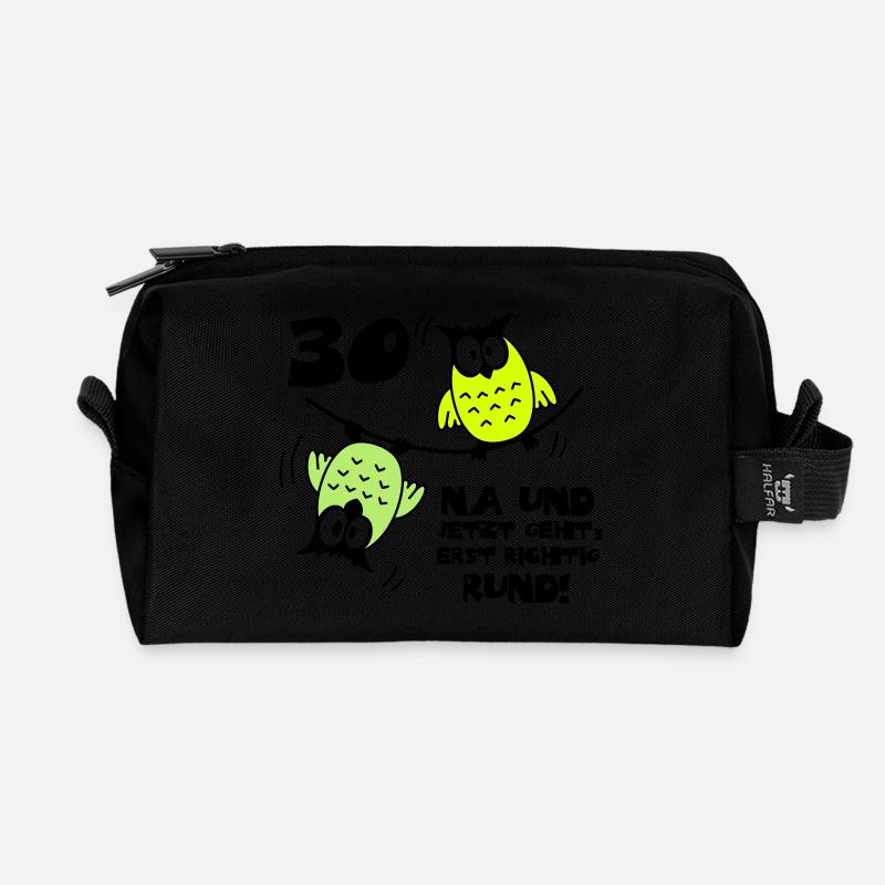 Geburtstag 30, Eulen am Drahtseil, rund - Recycelte Kulturtasche - Schwarz