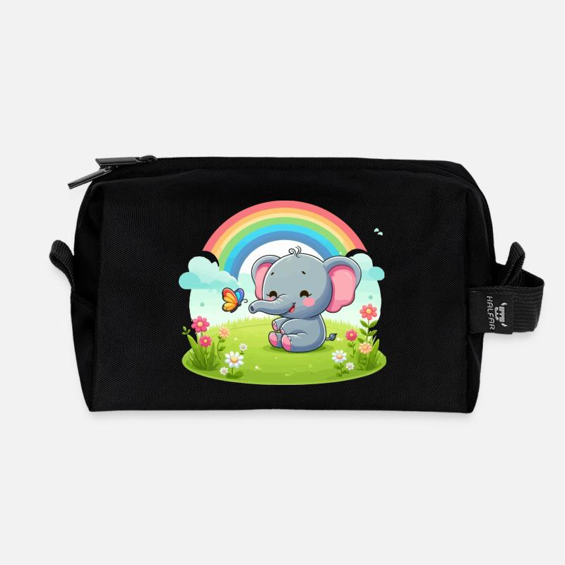 Fröhlicher Elefant und Regenbogen - Recycelte Kulturtasche - Schwarz