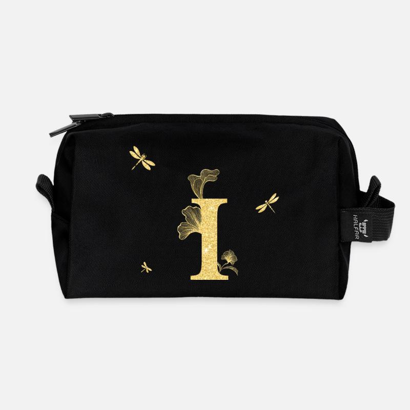 Buchstabe i Goldene Glitzerlibelle - Geschenkidee - Recycelte Kulturtasche - Schwarz