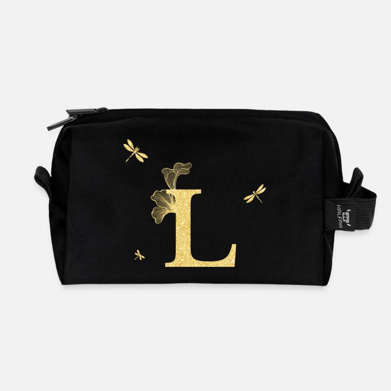 Buchstabe l Goldene Glitzerlibelle - Geschenkidee - Recycelte Kulturtasche - Schwarz