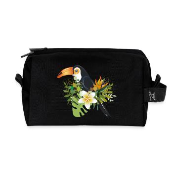 Toucan avec des fleurs tropicales - Design d’oiseau exotique - Trousse de toilette en tissu recyclé - noir - Devant