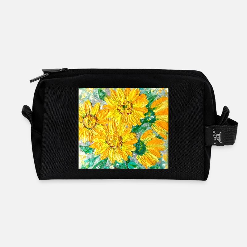 Sonnenblumen bemalt mit Express-Pinsel - Recycelte Kulturtasche - Schwarz