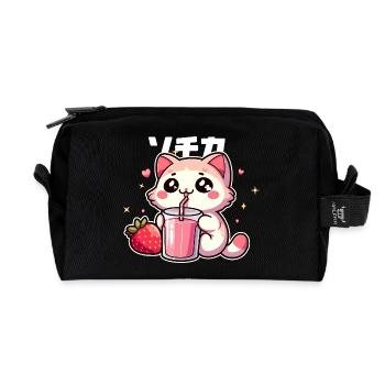 Kawaii kitten drinking strawberry smoothie - Recycled Toiletry Zip Bag - black - Front