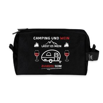 Camping und Wein - Spruch - Recycelte Kulturtasche - Schwarz - Vorne