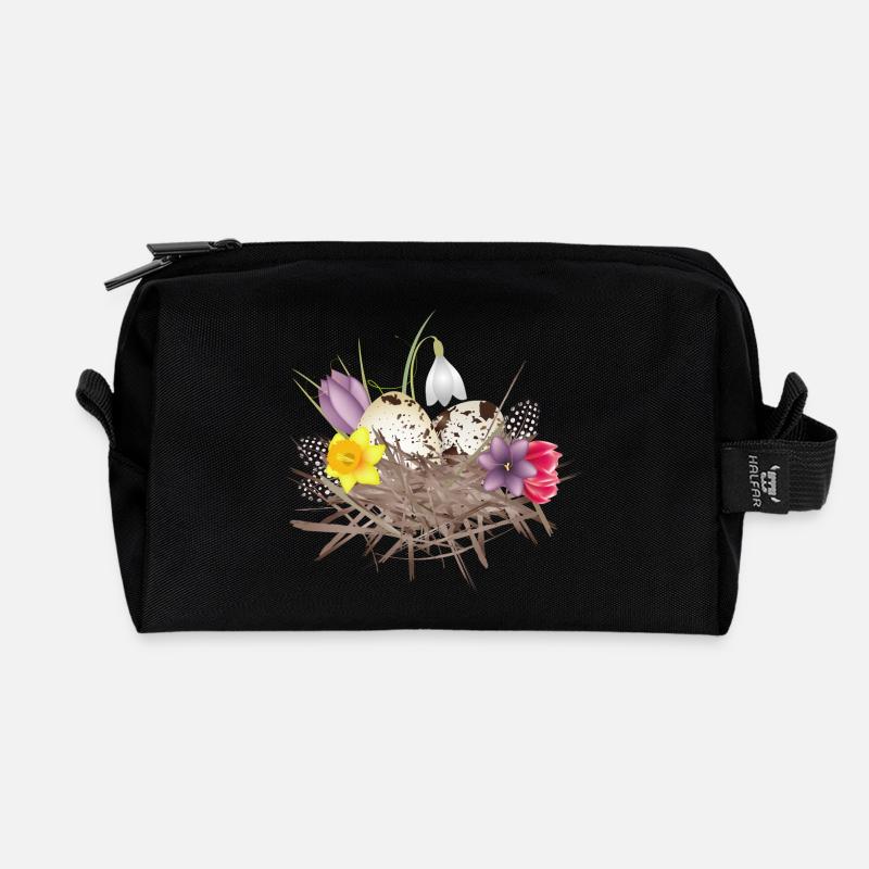 Frühlings Nest mit Eier,Federn und Frühlingsblüten - Recycelte Kulturtasche - Schwarz