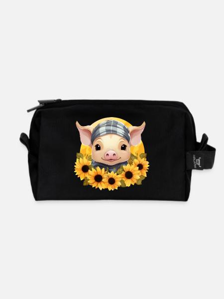Schwein mit Sonnenblumenkranz und Bandana, - Recycelte Kulturtasche - Schwarz