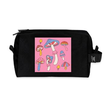 Retro Mushroom Pattern – Psychedelic 70s Design - Recycled Toiletry Zip Bag - black - Front