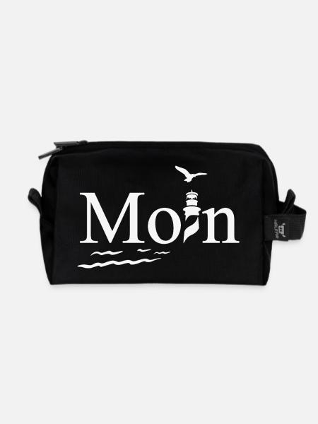 Maritimes Moin Design mit Möwe und Leuchtturm - Recycelte Kulturtasche - Schwarz