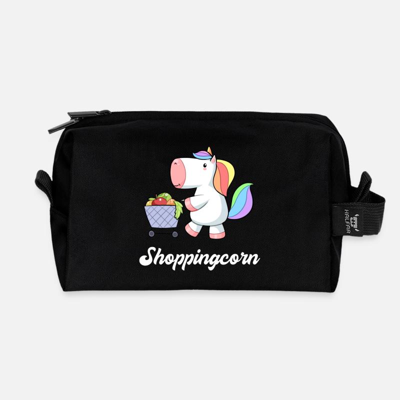 Einhorn Unicorn Einkaufen Einkaufswagen Comic süß - Recycelte Kulturtasche - Schwarz