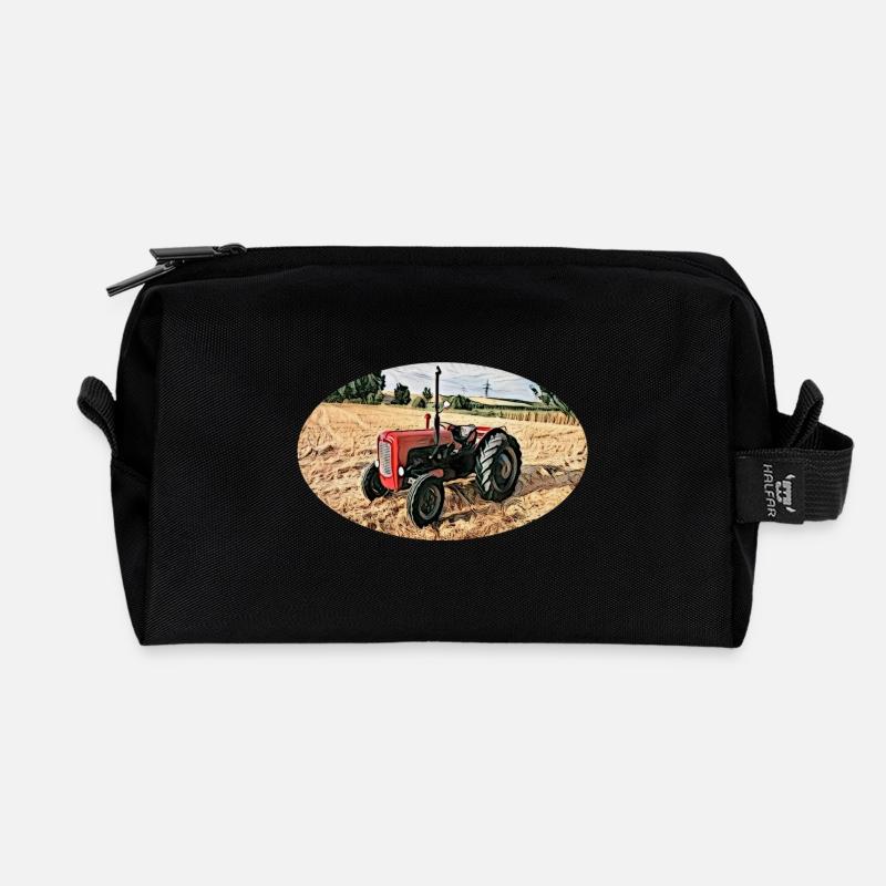 Roter Vintage-Traktor auf Feld - Recycelte Kulturtasche - Schwarz