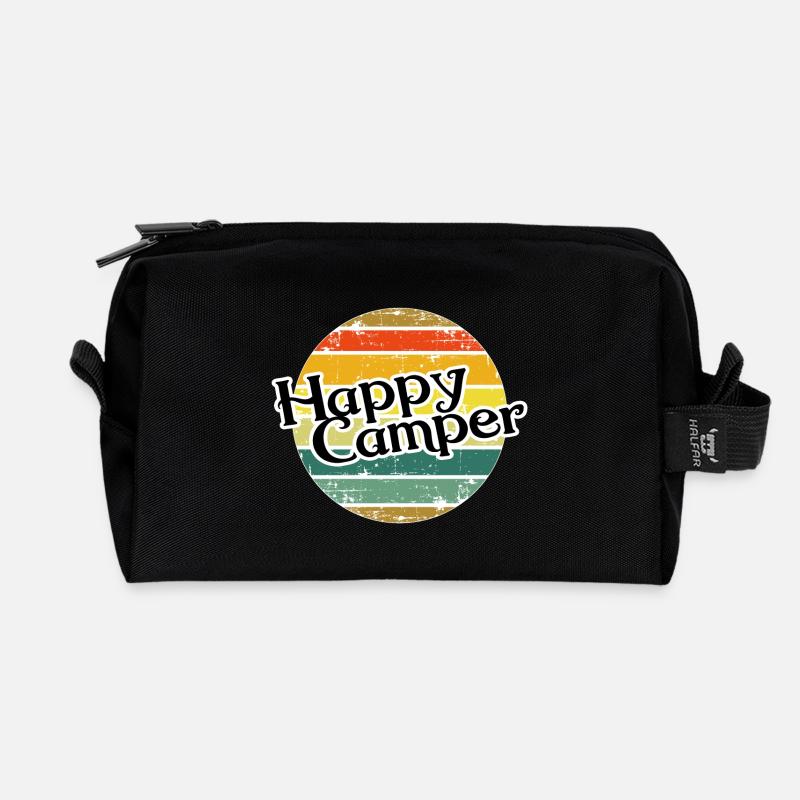 Happy Camper / Retro Vintage Camper Camping - Recycled Toiletry Zip Bag - black