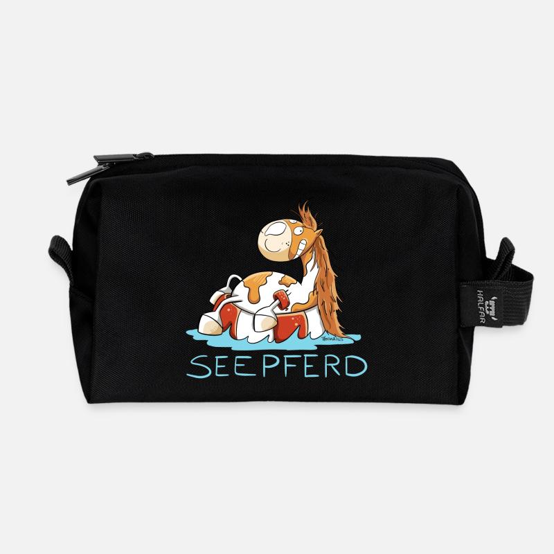 Seepferd im Urlaub I Comic Wortspiel Pferd - Recycelte Kulturtasche - Schwarz