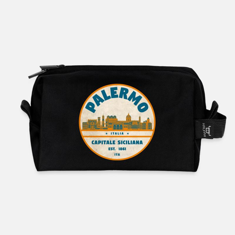 Palermo Retro City Logo Round - Recycled Toiletry Zip Bag - black