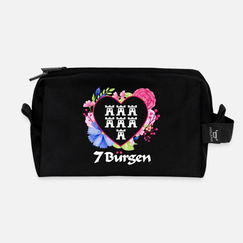 Siebenbürger Wappen mit Blumen Herz weiße Schrift - Recycelte Kulturtasche - Schwarz
