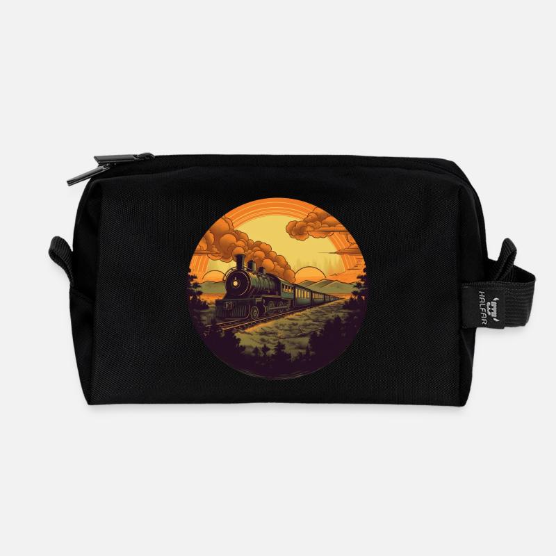 Retro Dampflok im Sonnenuntergang - Recycelte Kulturtasche - Schwarz