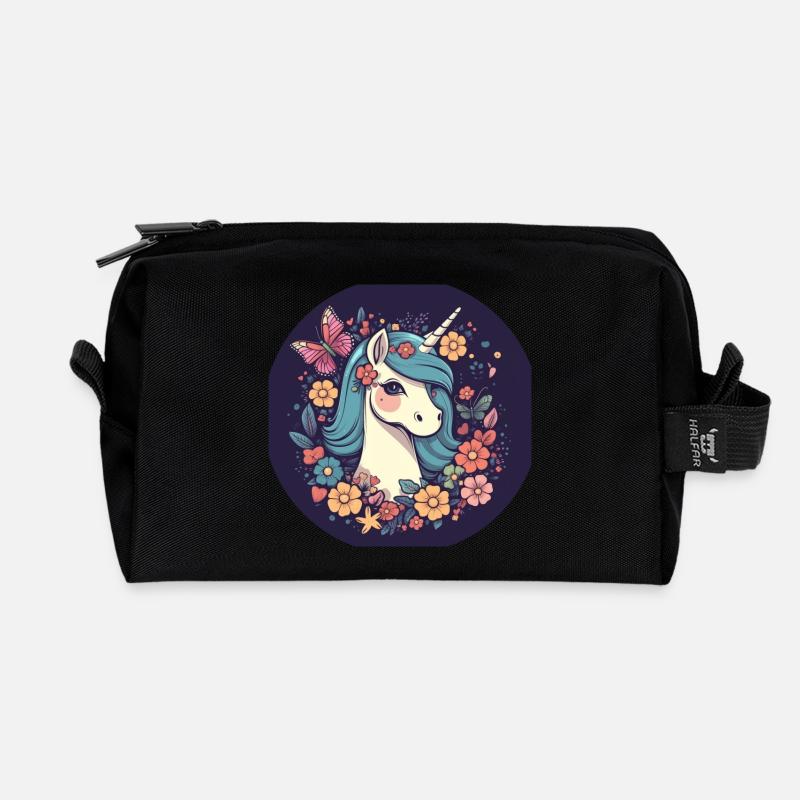 Elegantes Einhorn mit Schmetterling Blumen - Recycelte Kulturtasche - Schwarz